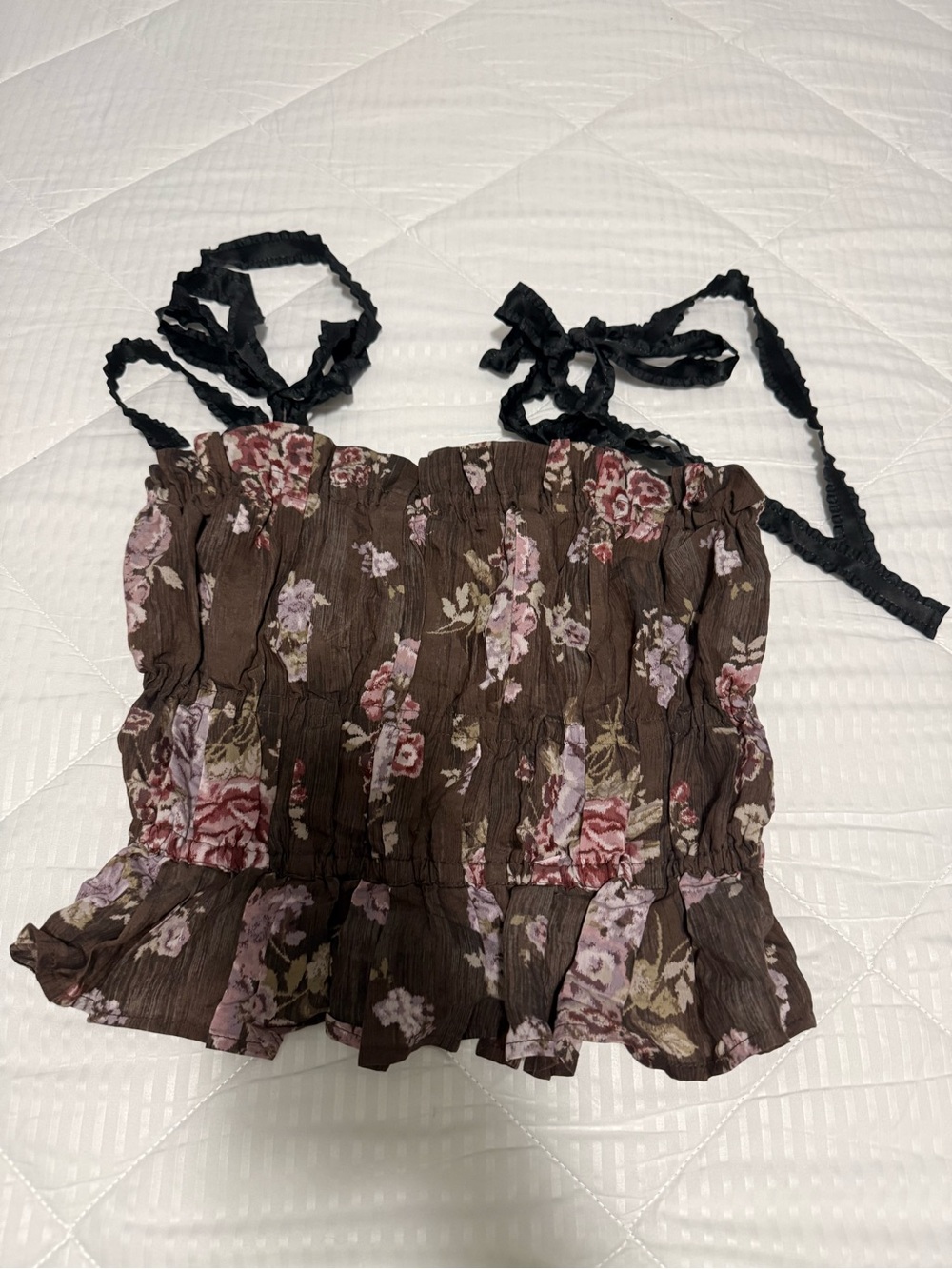 Floral Smocked Tie-Shoulder Camisole in Brown